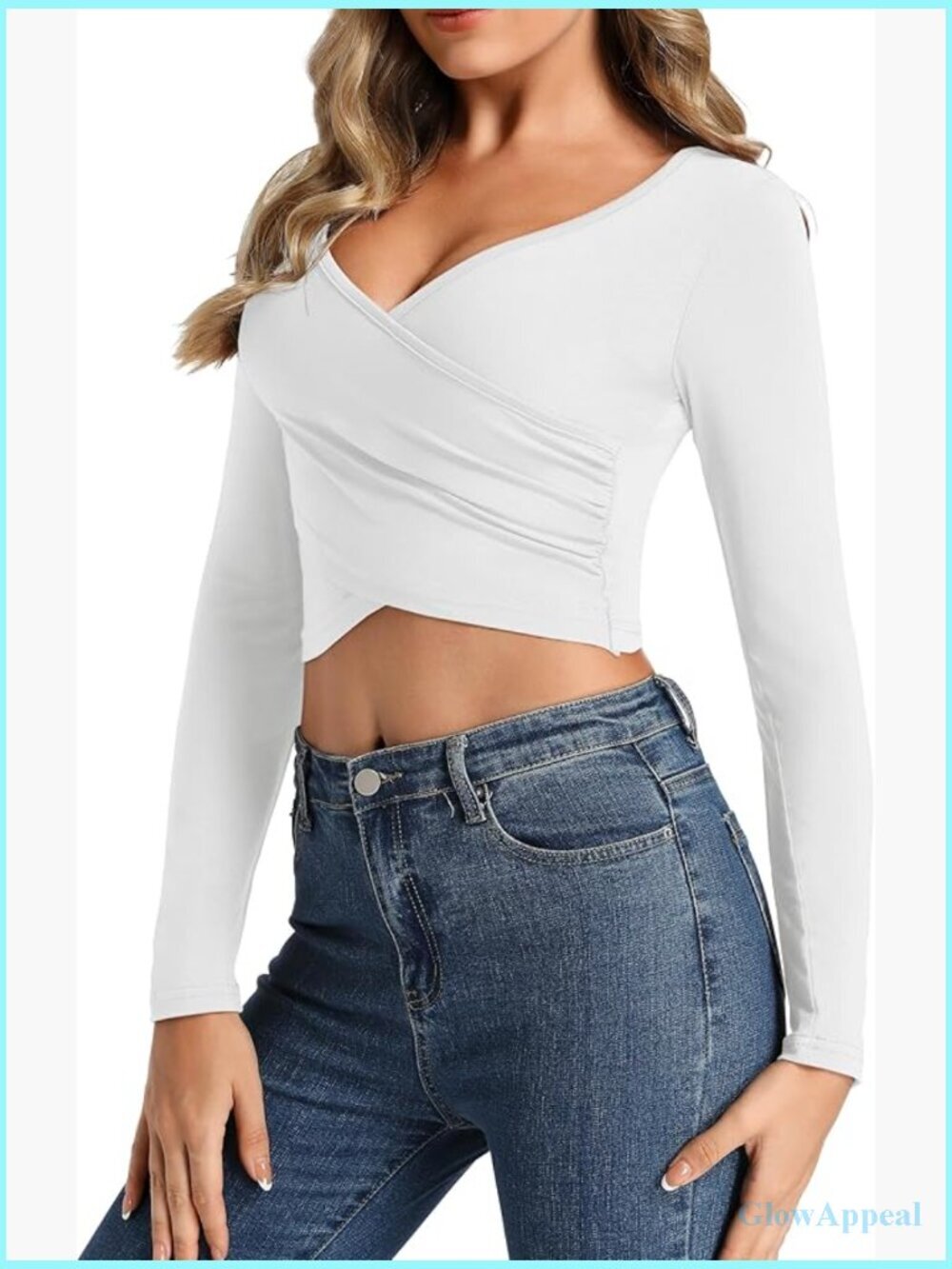 Modal Long Sleeve Crop Top Cross Wrap Front Deep V Neck Fitted